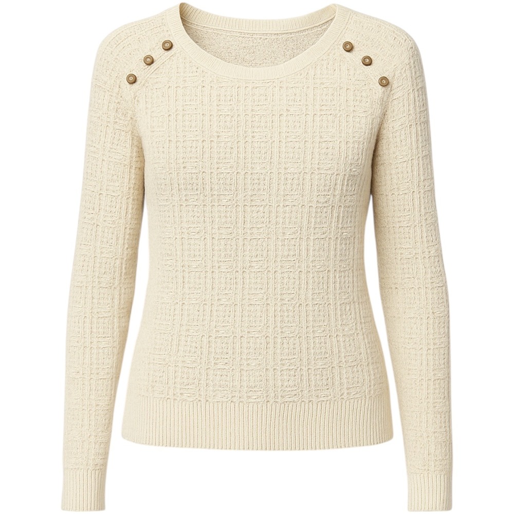 Lucky Brand Textured Cream Cotton Sweater S Button Shoulder Pullover Minimalist‎